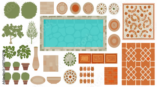 Aerial view of a backyard featuring a pool garden and decorative elements