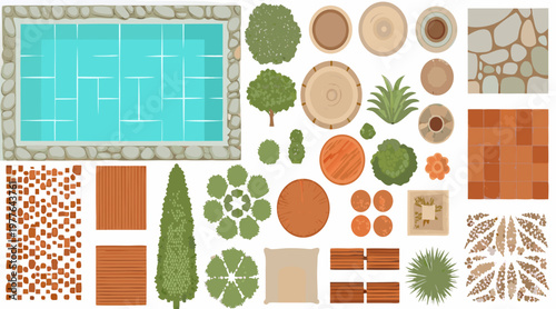 Overhead view of a garden landscape with various elements