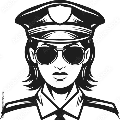 Cool Female Police Officer in Uniform Wearing Sunglasses Looking Forward