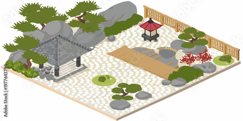 Isometric illustration of a peaceful japanese garden with stone elements