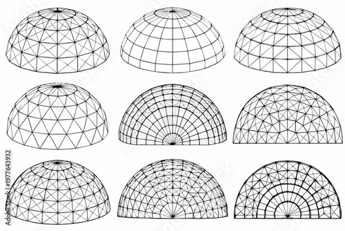 Nine geodesic dome frameworks arranged in a grid on a white background