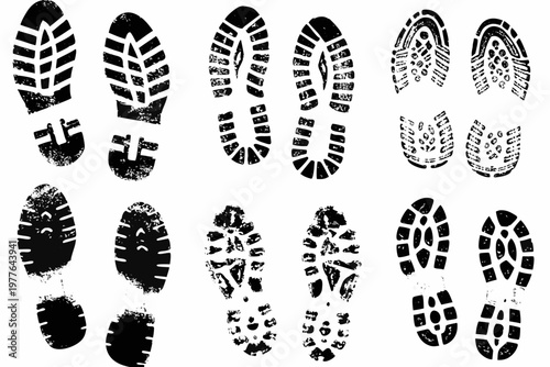 Collection of diverse shoe prints and sole patterns in black ink