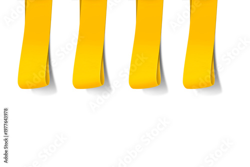 Set of four blank yellow ribbon banners hanging from top edge with 3D shadow effect on a transparent background.
