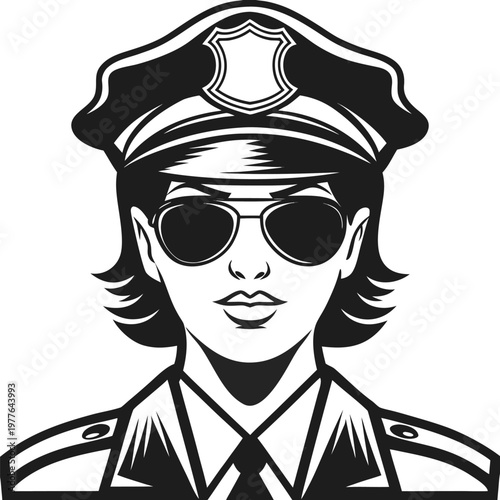 Determined policewoman portrait wearing classic uniform hat and dark sunglasses signifying strength and responsibility