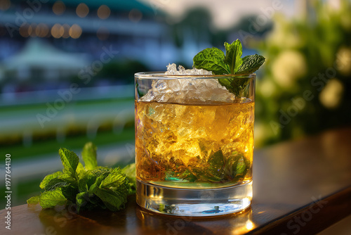 Frosted Pewter Mint Julep Cocktail on Wooden Bar Kentucky Derby Celebration Racing Season Hospitality High-End Refreshment
