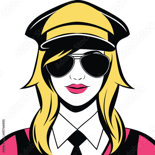 Vibrant pop art style female police officer portrait with blonde hair and sunglasses