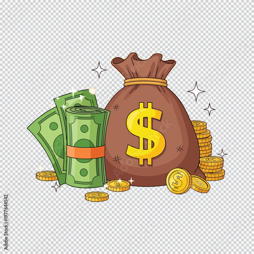 Money bag with dollars and coins cash currency