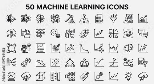 A comprehensive set of 50 machine learning icons in a minimalist line style, available as an Editable Vector File for professional UI design and web projects