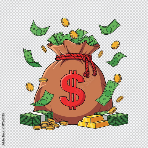 Money bag with flying dollars and coins cash currency