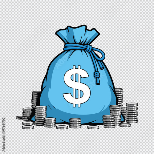 Blue money bag with stacks of coins silver