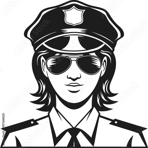 Serious female police officer portrait in uniform wearing sunglasses and a traditional peaked cap