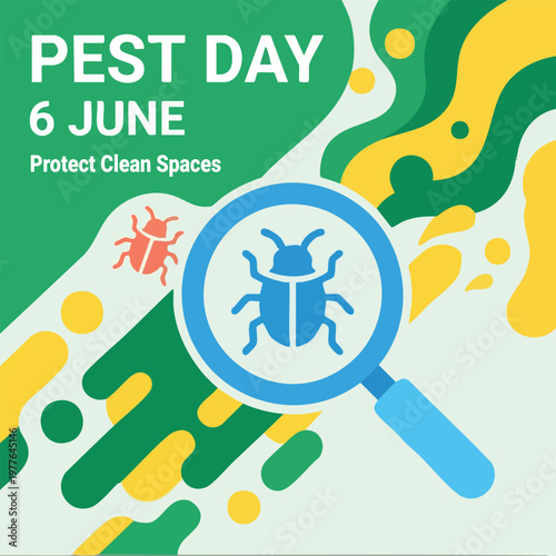 World Pest Day Poster with Magnifying Glass and Bug Icon, Pest Control Awareness, Clean Hygiene Concept Illustration