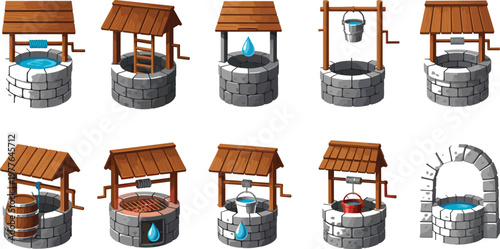Set of Traditional Water Wells with Buckets, Barrels, and Water Features for Rustic, Vintage, and Countryside IllustrationsSet of Traditional Water Wells with Buckets,
