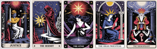 Set of tarot cards show powerful, mystical figures. Each card features unique symbols and dramatic lighting. The imagery suggests cosmic balance and hidden truths. The cards convey mystery, strength