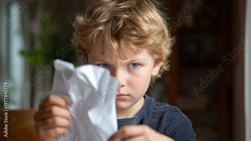 Boy tearing paper indoors upset expression, grey hoodie, crumpled sheets, hands clutching torn paper, emotional meltdown during craft or homework, soft natural