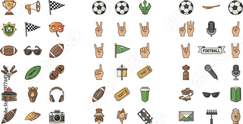 Set of Sports and Entertainment Icons Featuring Football, Soccer, Tickets, Microphone, Sunglasses, and More for Fun and Event Illustrations