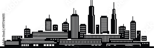 Balanced metropolitan skyline silhouette with central high‑rise towers, antennas, and geometric windows, symbolizing modern urban architecture and density.