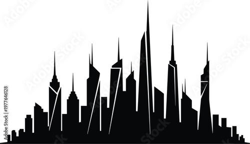Abstract metropolitan skyline silhouette showcasing diverse skyscraper spires, angular tops, and geometric architectural styles in modern urban density.