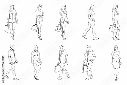 Sketch of diverse business professionals walking with briefcases and handbags