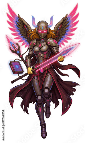 Cyberpunk Valkyrie Warrior with Neon Wings – Futuristic Angel Female Vector Illustration