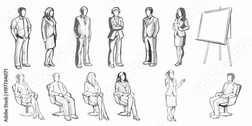 Sketch of diverse business people in various poses and a blank whiteboard