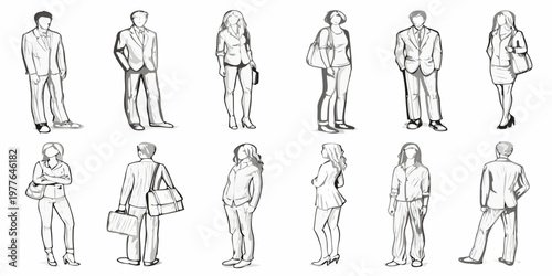 Fashion sketches of diverse people in business attire line art style