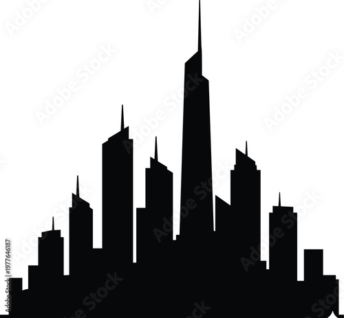 Elegant metropolitan skyline silhouette with slender central tower and pointed skyscrapers, symbolizing architectural diversity and vertical urban growth.
