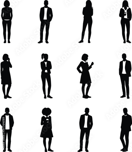 Diverse human silhouette collection featuring professional and casual standing poses, showcasing body language, attire, and gesture variety.