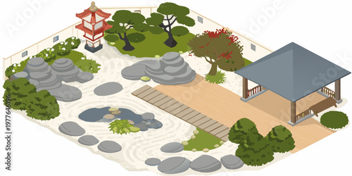 Isometric japanese garden with stone lantern rocks and a pavilion