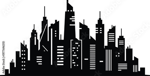 Minimalist metropolitan skyline silhouette featuring diverse skyscrapers, antennas, and geometric window patterns, symbolizing modern urban architecture and density.