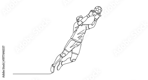 Soccer Goalkeeper Jumping to Catch Ball, Continuous Line Drawing