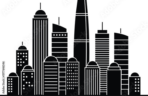 Modern metropolitan skyline silhouette featuring domed, tapered, and spired skyscrapers, showcasing architectural diversity and urban geometric density.