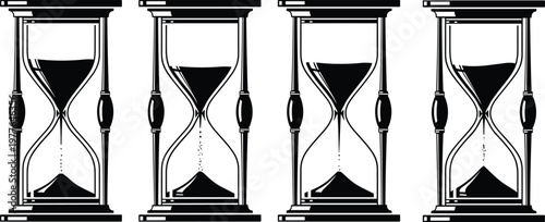 Hourglass silhouette illustration, sand timer design, passage of time artwork, vintage clock symbol, black and white graphic, countdown sketch, antique icon