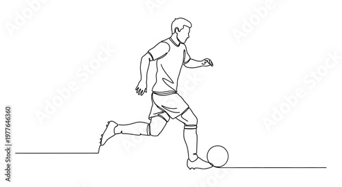 Continuous line drawing of a soccer player kicking a ball, minimalist, energetic motion