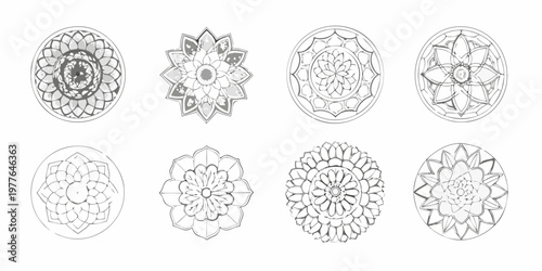 Eight detailed floral designs resembling gemstones or medallions