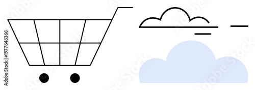 E-commerce, online shopping, cloud computing, digital services, data storage, technology. A shopping cart and cloud icons. E-commerce and cloud computing concepts are highlighted