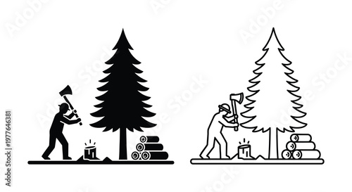 Lumberjack felling a tree with an axe a classic forest scene silhouette