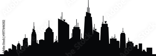 Striking metropolitan skyline silhouette featuring towering skyscrapers, spires, antennas, and rooftop structures, symbolizing modern urban density and architectural diversity.