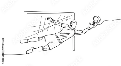 Soccer goalkeeper saves ball in net, one line drawing, action sport illustration