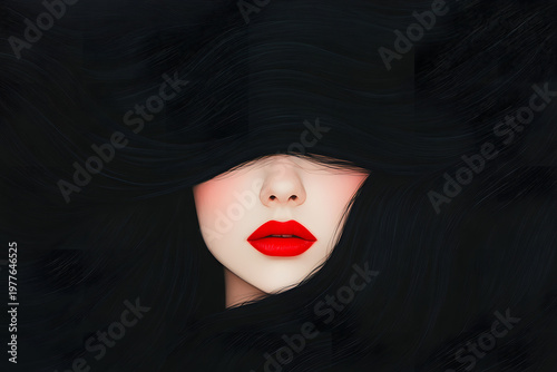 Black hair covering eyes portrait, Red lips beauty close up, Minimal dark fashion concept, Sleek fringe texture, Mysterious feminine face, Dramatic monochrome styling, Luxury cosmetic advertising, 