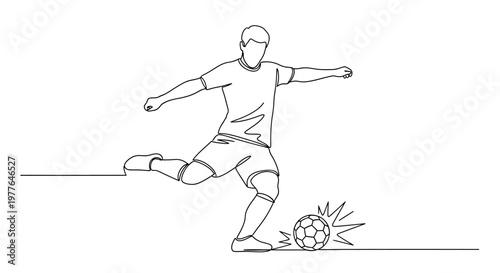 Continuous line drawing of a soccer player kicking a ball, dynamic action, minimalist style