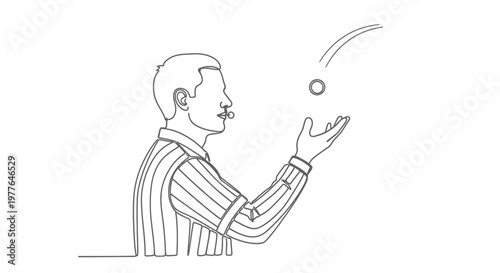 Referee Blowing Whistle, Tossing Coin for Game Start