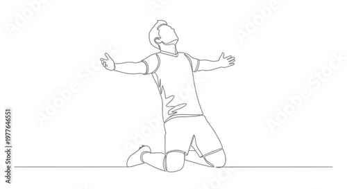 Soccer Player Celebrating Goal on Knees, One Line Drawing