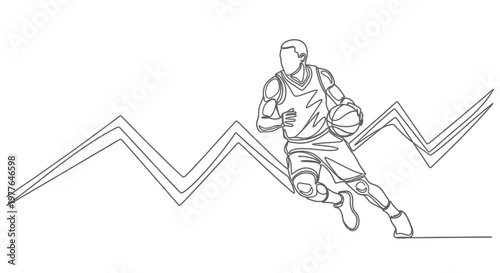 Basketball Player Dribbling Ball, Abstract Lines Background, Continuous Line Art