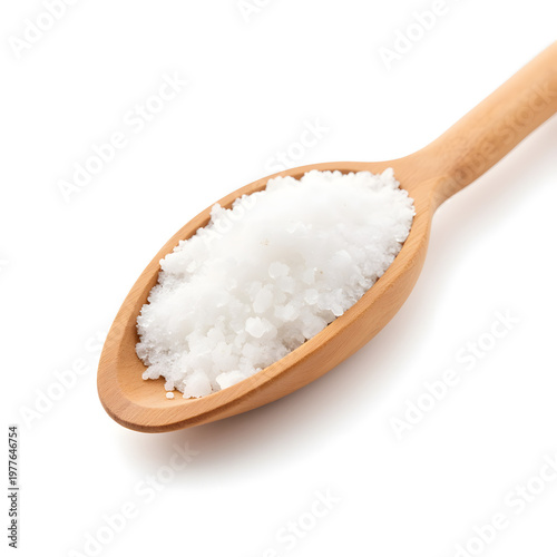 Natural spa salt in wooden scoop, calming self-care concept