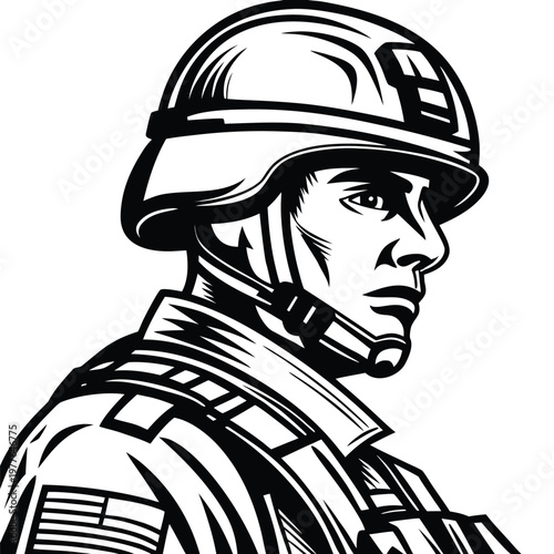 a black and white illustration of a soldier in pro (2)