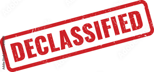 Red grunge rubber stamp impression showing the word declassified in clear bold capital block letters