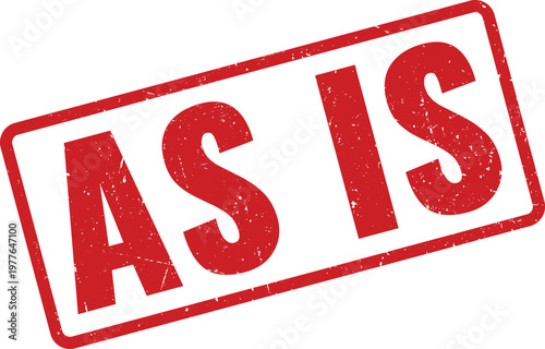 Red rubber stamp impression declaring as is for product sales and business conditions regarding material quality standards