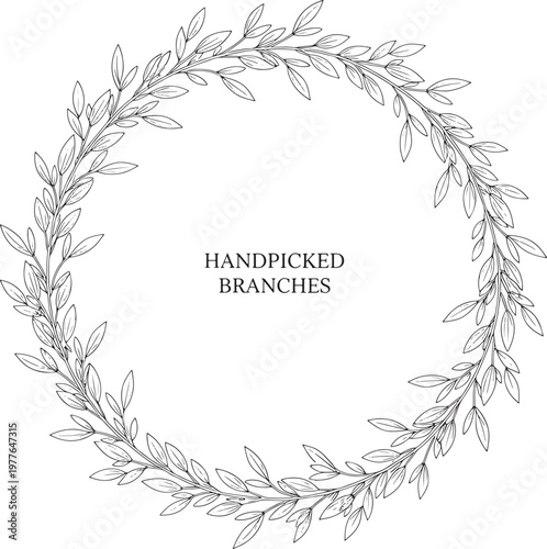 Elegant hand drawn botanical wreath illustration featuring delicate olive branches and leaves forming a circular frame with the text handpicked branches centered inside perfect