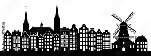 Minimalist black and white vector skyline of Amsterdam, featuring canal houses, windmill, flat silhouette style, clean vector lines, white background